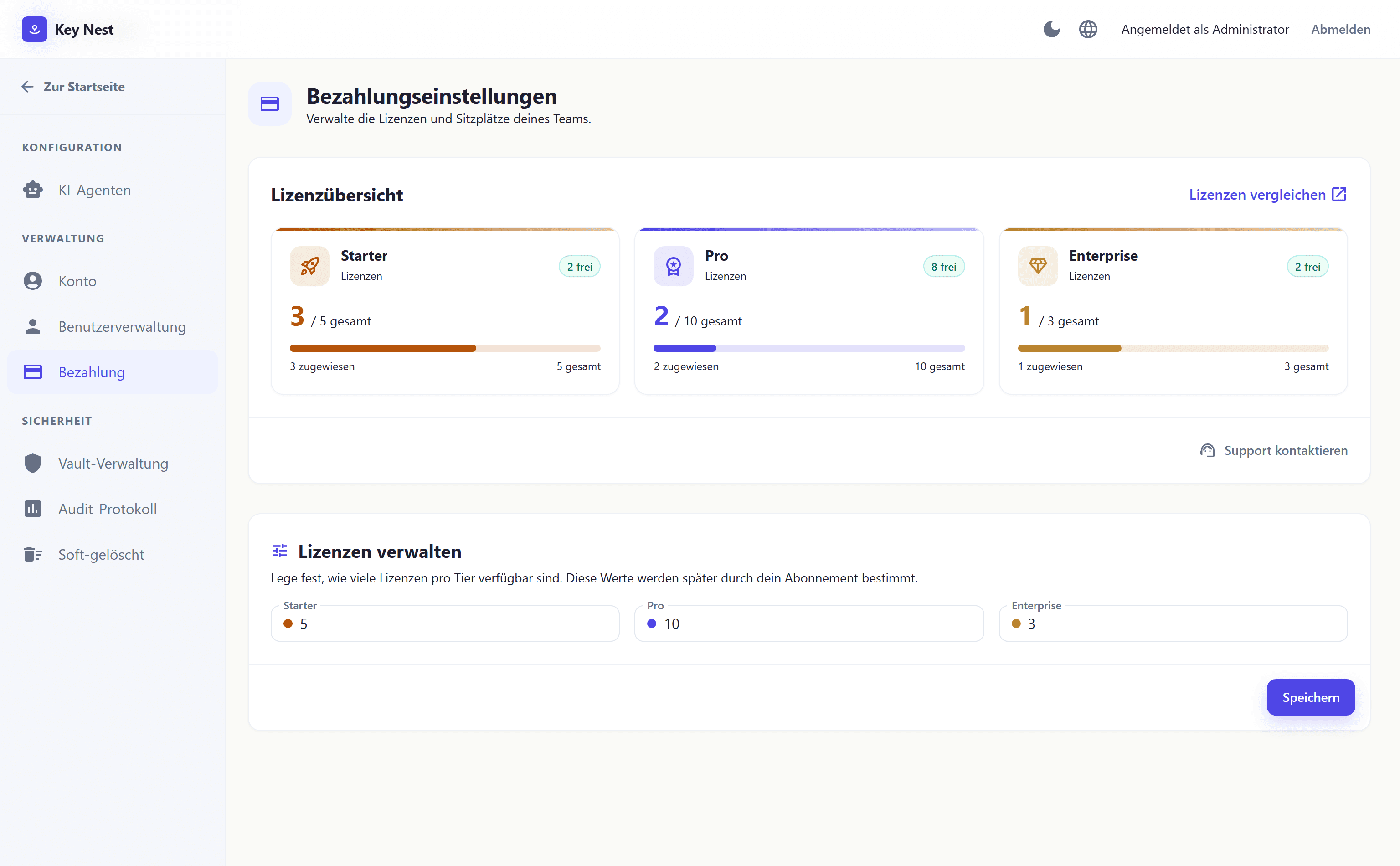 KeyNest Lizenzübersicht mit Starter, Pro und Enterprise