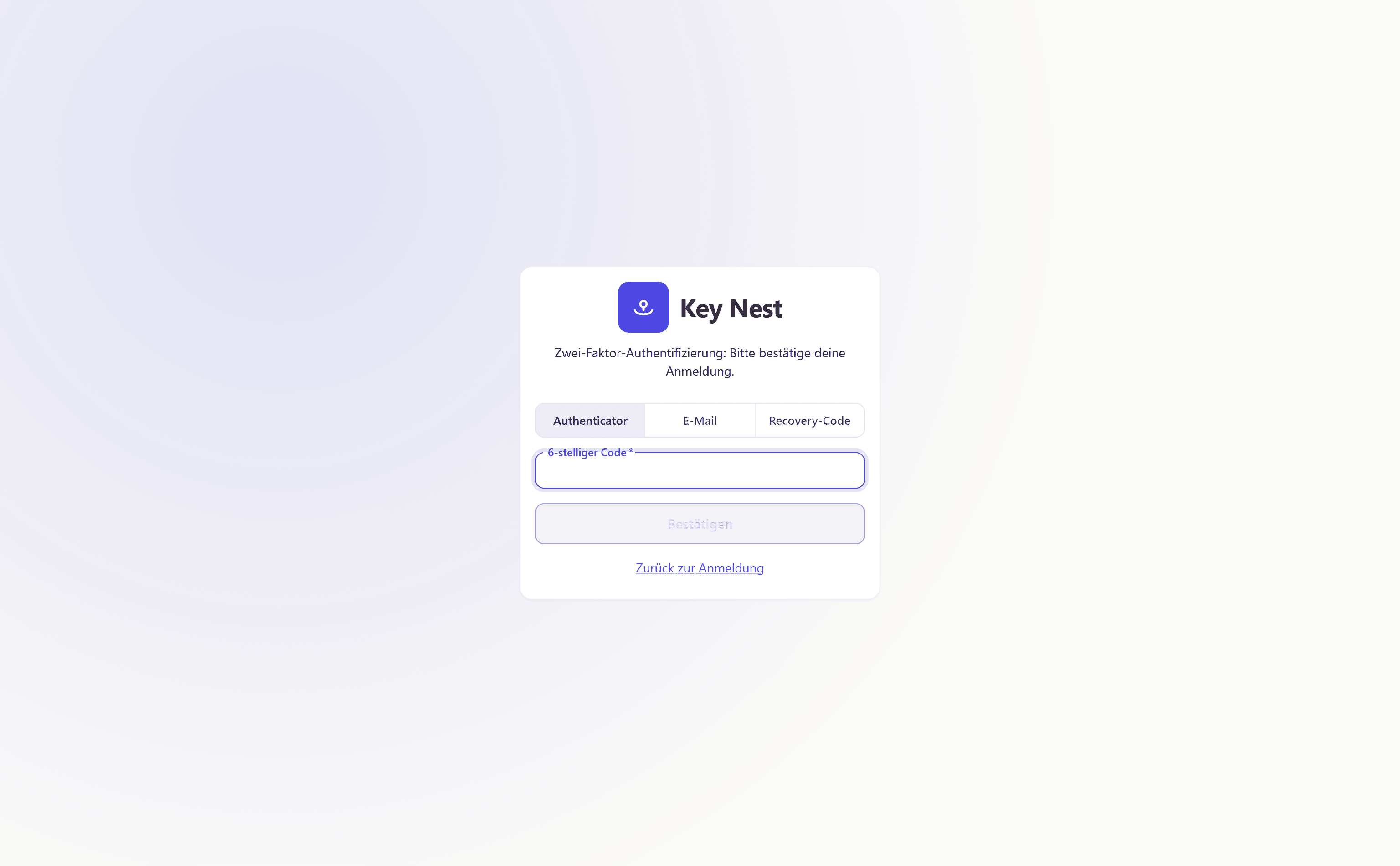KeyNest Login mit Zwei-Faktor-Abfrage: Authenticator, E-Mail oder Recovery-Code