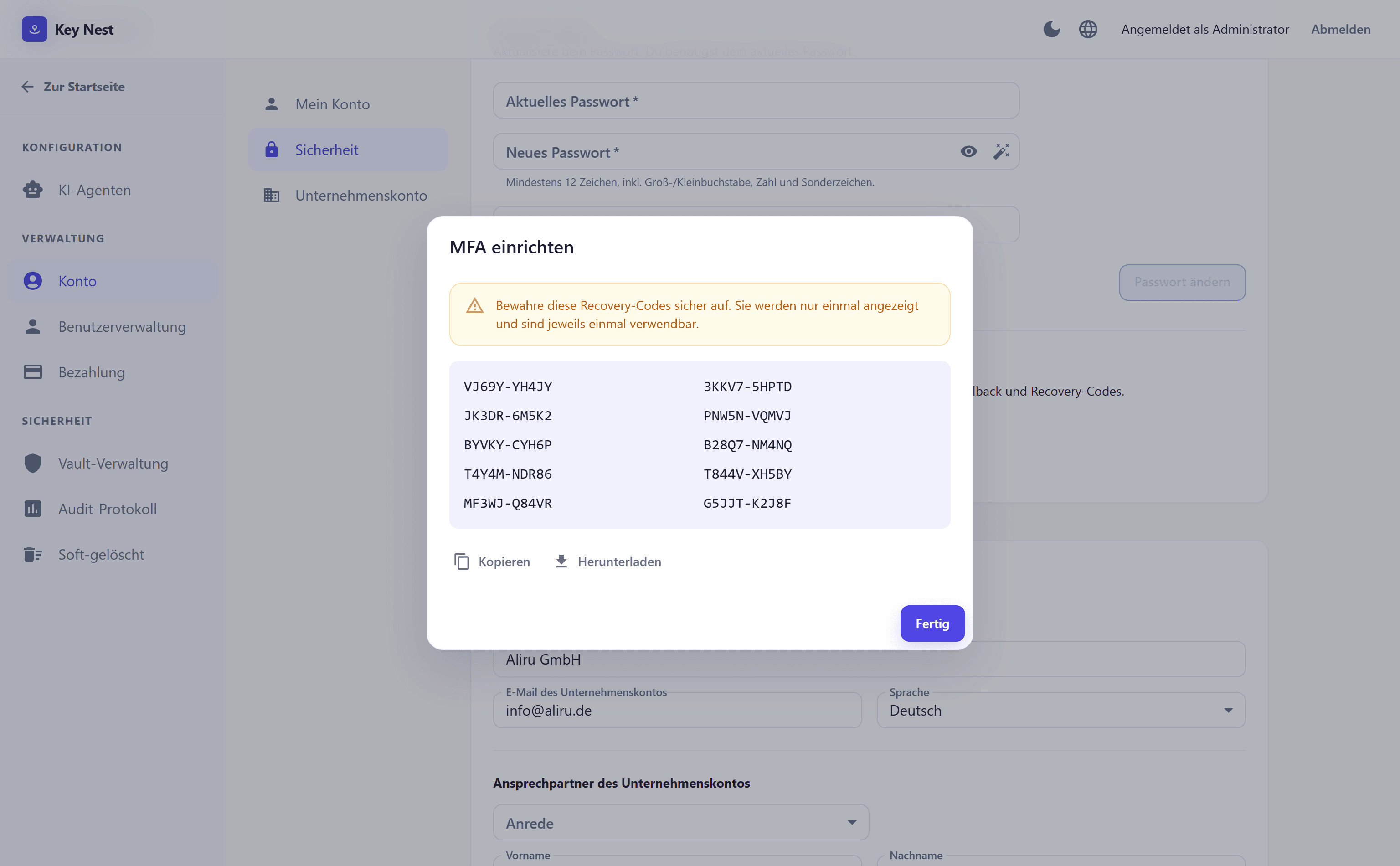 Zehn Recovery-Codes in KeyNest, einmalig angezeigt mit Kopieren- und Download-Option