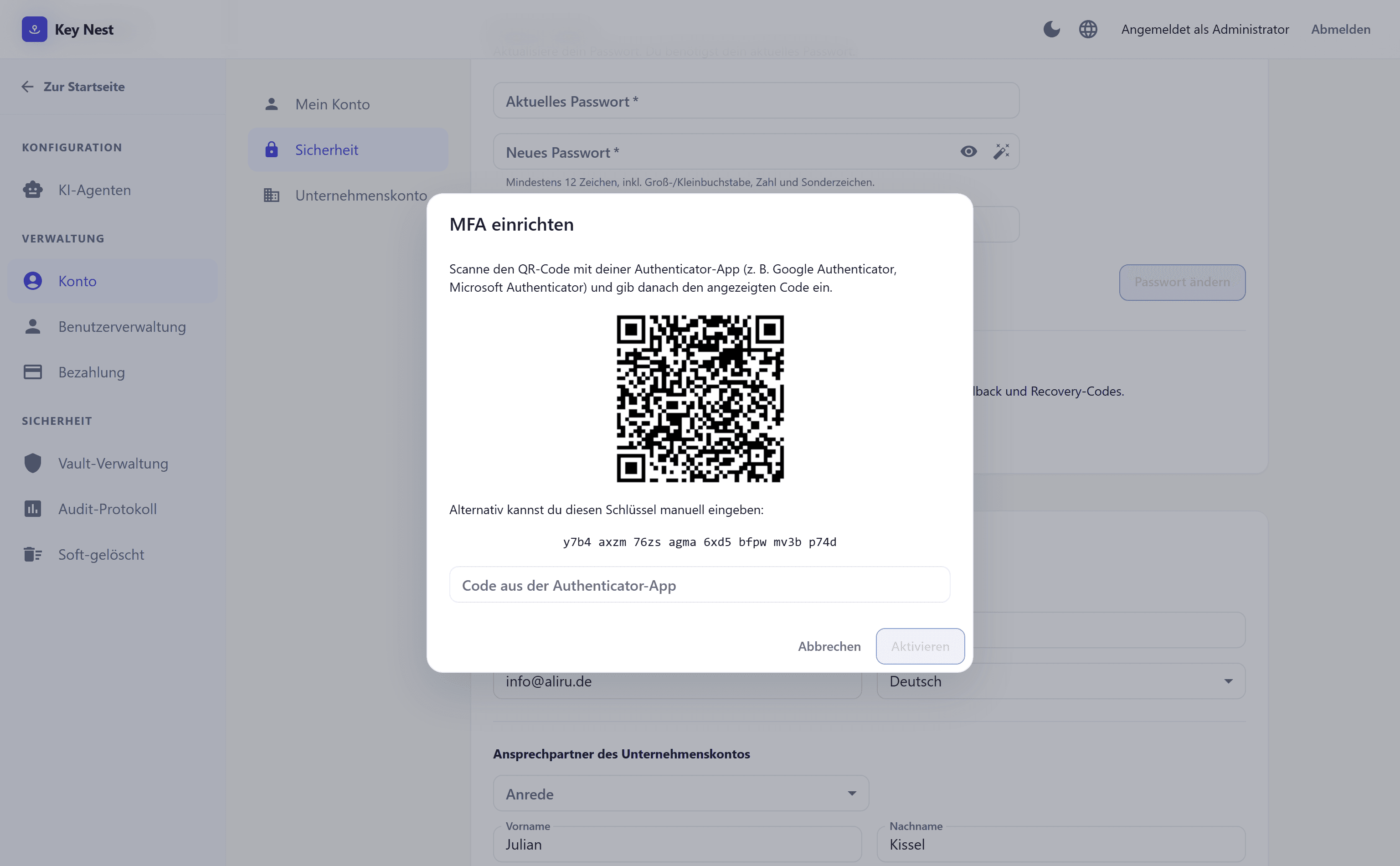 MFA-Einrichtung in KeyNest: QR-Code für die Authenticator-App scannen