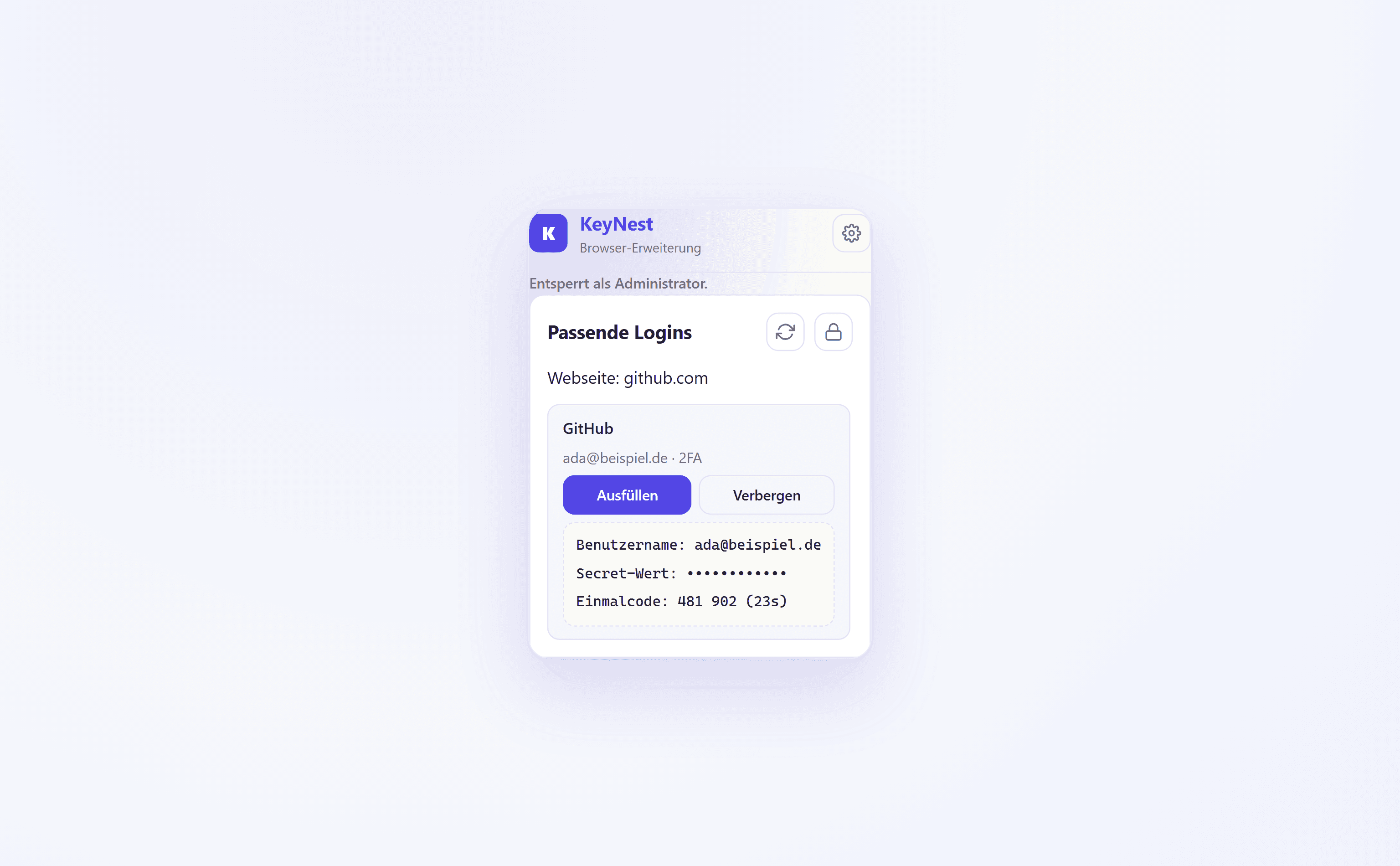 Rotierender 2FA-Einmalcode und geschützte Einträge in der Key Nest Browser-Erweiterung