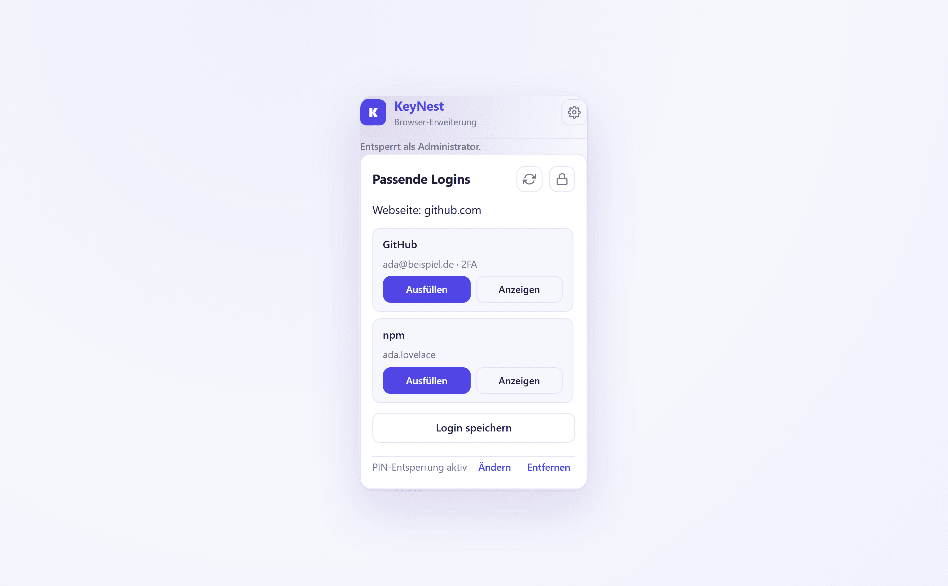 Key Nest Browser-Erweiterung mit passenden Logins zur aktuellen Webseite und Ausfüllen-Button